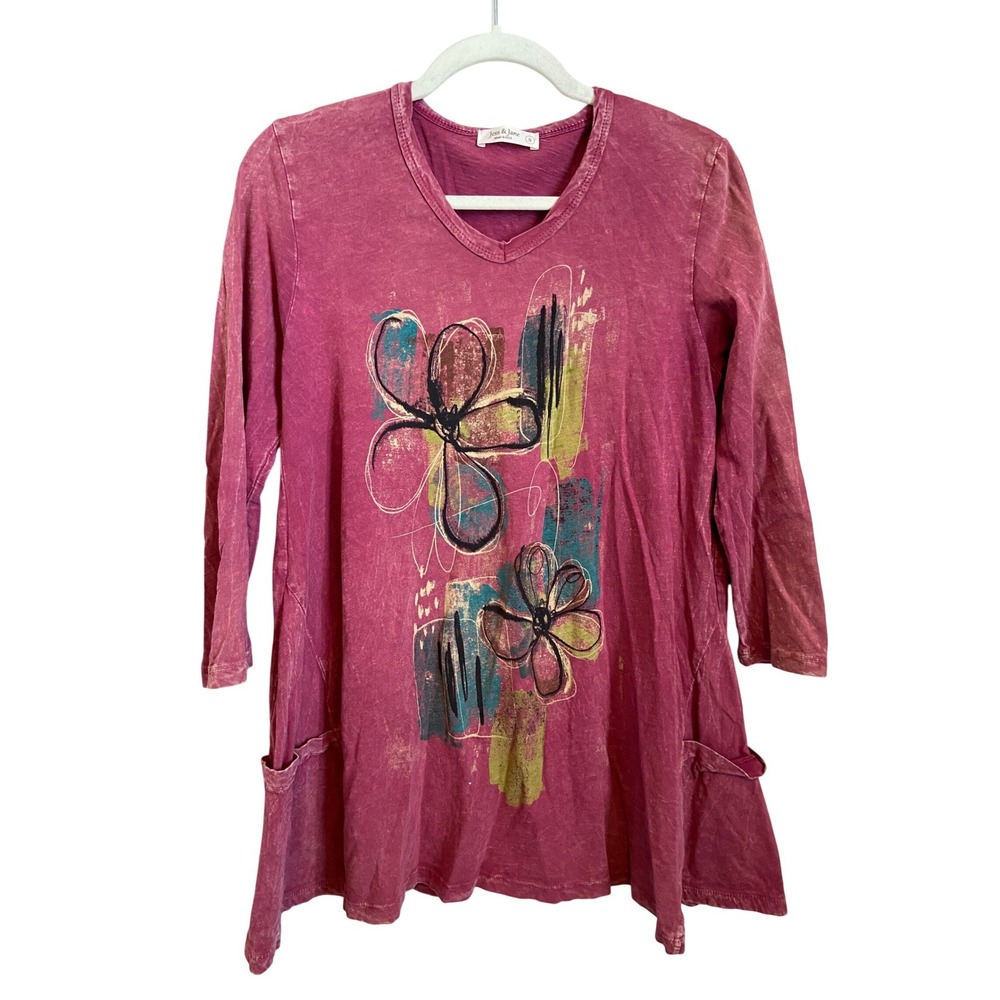 Jess & Jane Tunic Top Floral Print Pink 3/4 Sleeve Cotton Women's Size Small